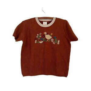 The Cottagecore Rust Embroidered Duck Floral Short Sleeve Sweater Size M/L NEW